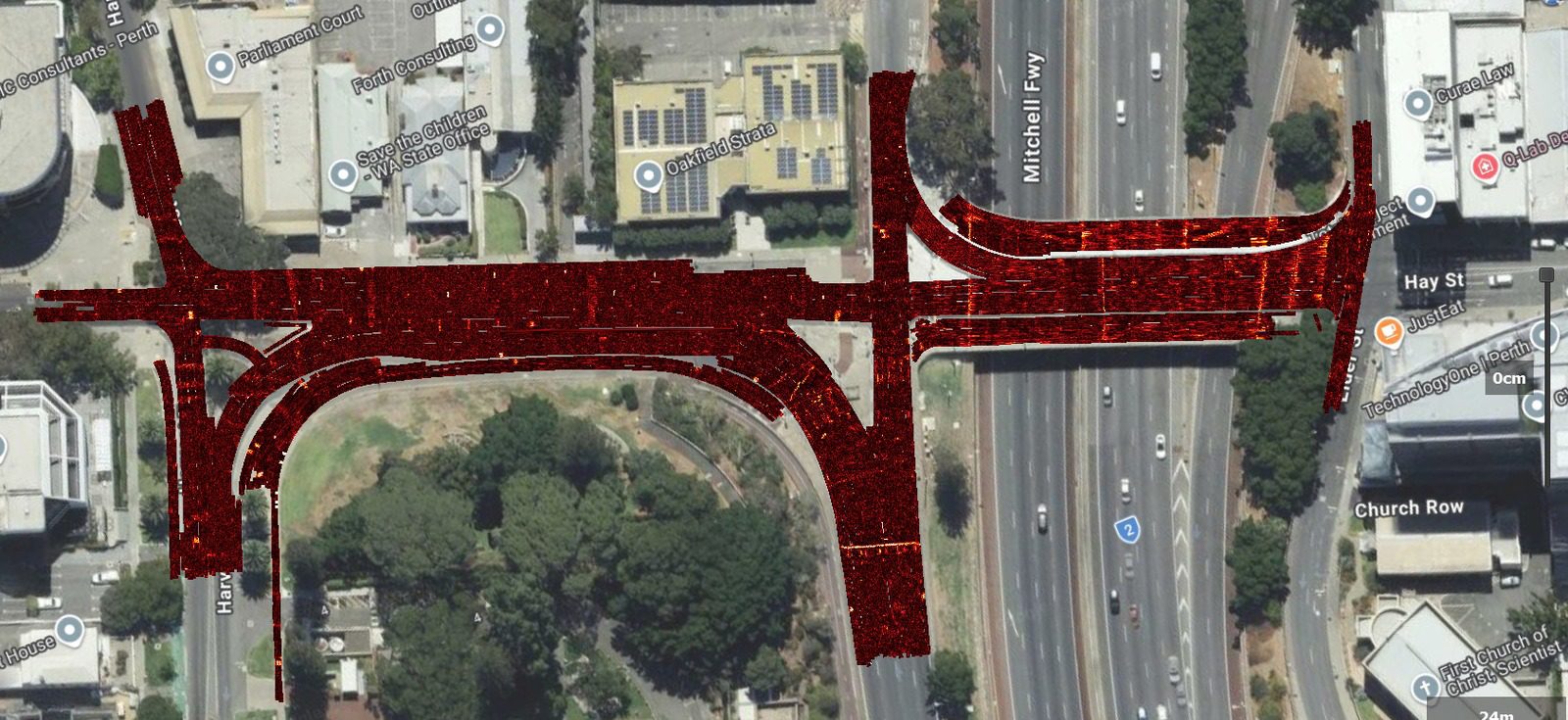 Georeferenced depth-slice coverage across a Perth intersection, shown over aerial imagery