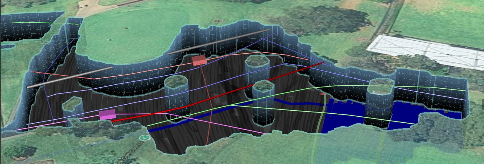 Interpreted utilities and subsurface features presented in a 3D model over aerial imagery