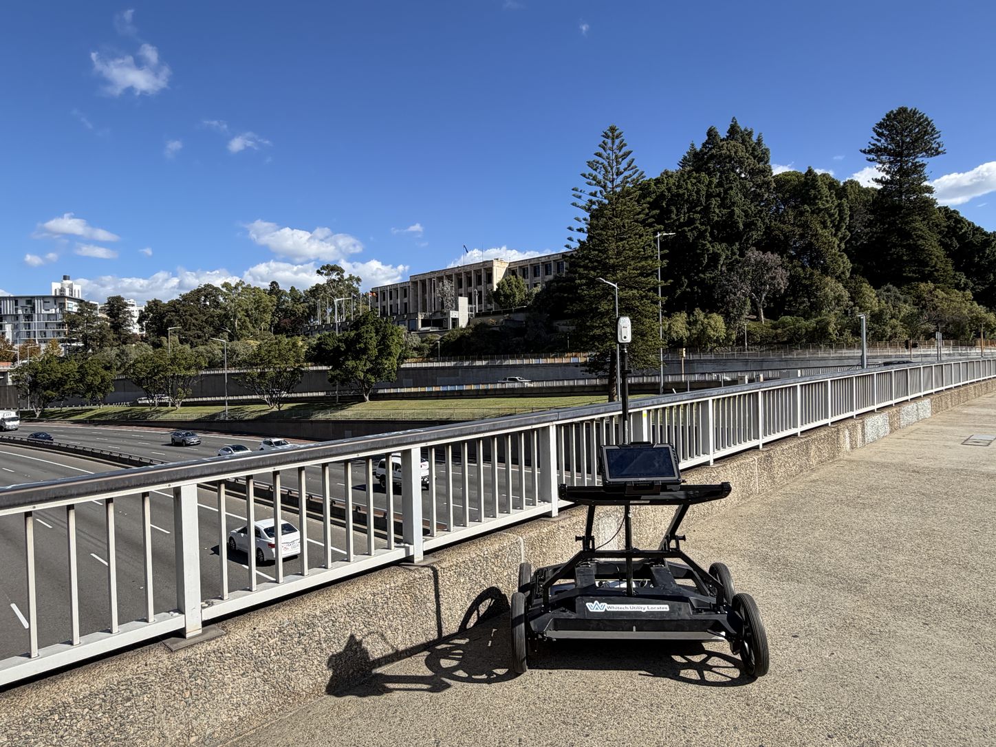 Whitech multi-array GPR cart with a GNSS antenna set up on a footbridge over the Mitchell Freeway, Perth